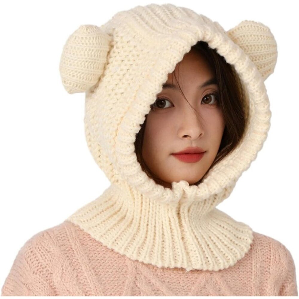Women's Beige Cute Bear Balaclava Warm Hooded Scarf Beanie Hat Skull  Pullover